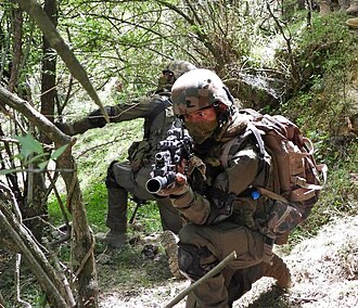 Illustrative photograph: a person in field uniform and protective equipment kneeling on a woodland slope, with a second person among the trees behind.