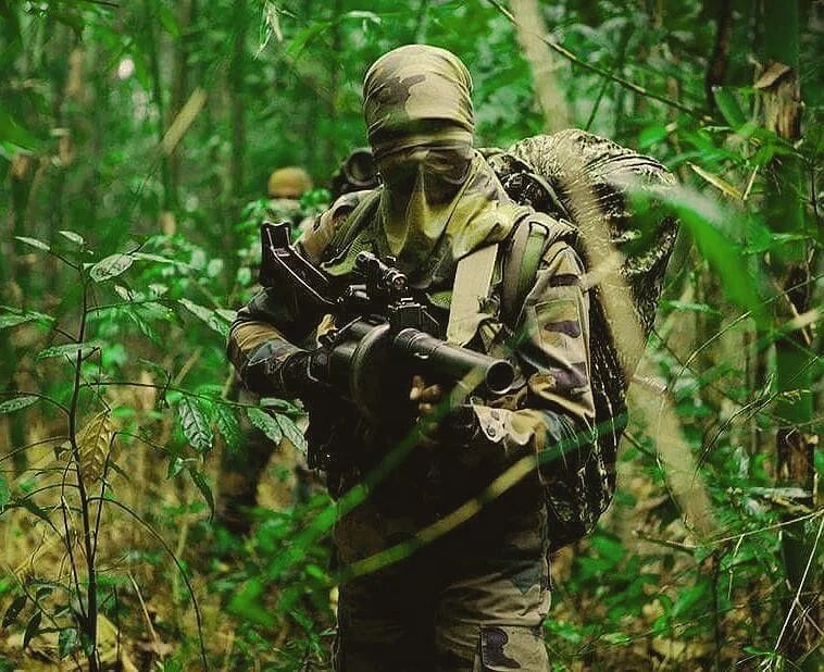 Illustrative photograph: a figure in camouflage clothing and a face covering, carrying field equipment, moving through dense jungle foliage with a second figure partly visible behind.